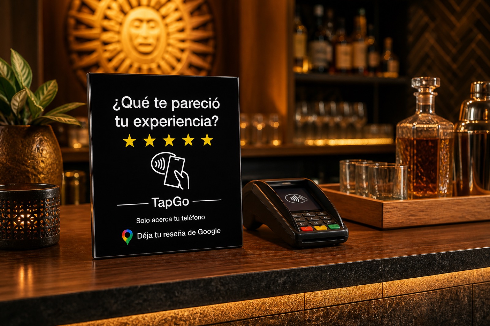 Visualización conceptual de una placa TapGo Reviews instalada en la barra de un restaurante