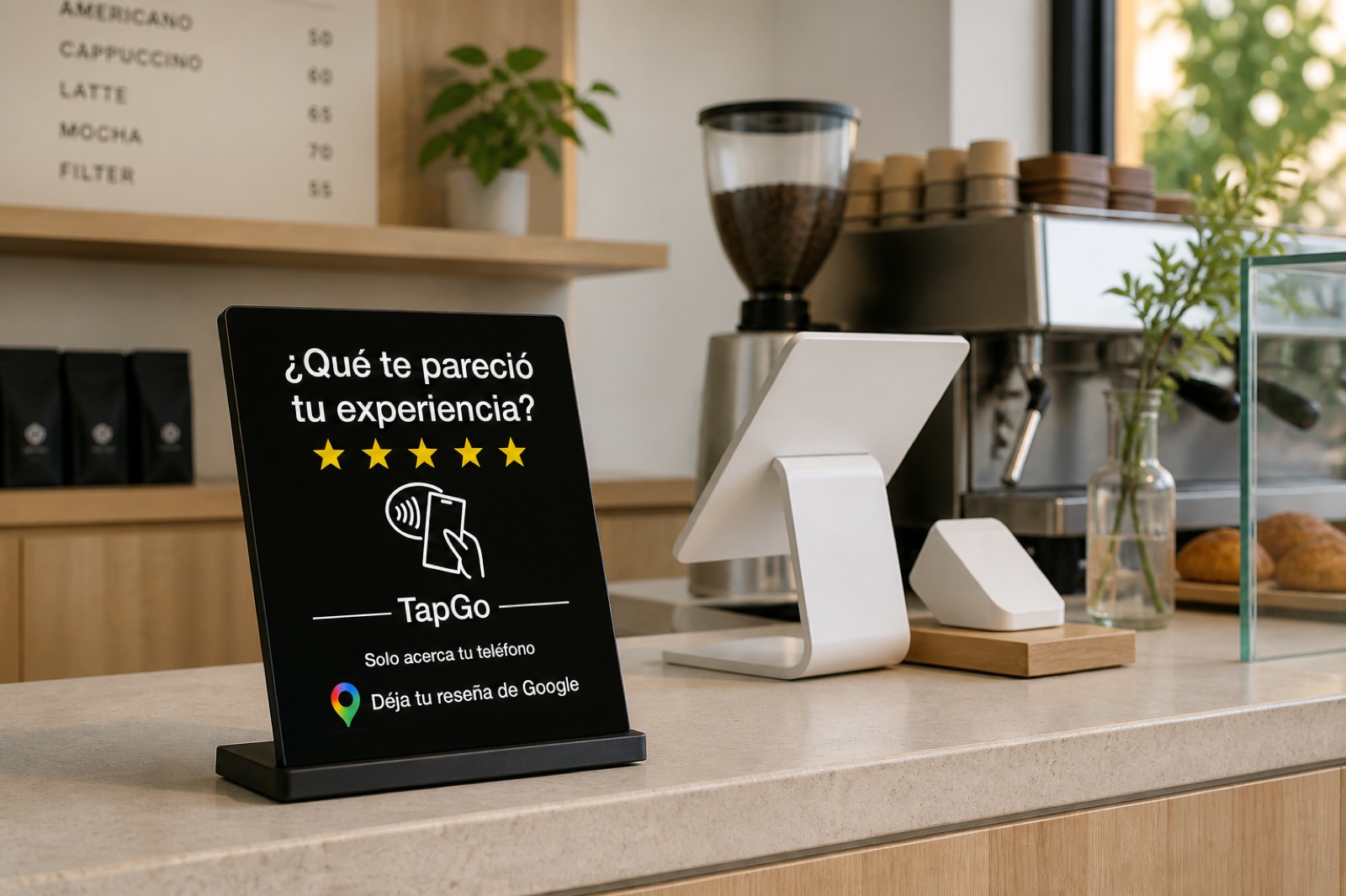 Visualización conceptual de una placa TapGo Reviews instalada junto a la caja de una cafetería